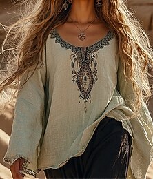 abordables -Femmes Chemises en coton et lin Chemise Bohème Géométrique Uni Quotidien Élégant Basique manche longue Col ras du cou Hauts Réguliers Travail Quotidien Fête Imprimé bleu marine Violet Kaki Beige