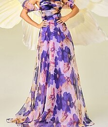 abordables -Robe A-Line de quinceañera élégante Robe de mariage invitée longueur sol sans manches épaules dénudées polyester sans dos avec imprimé floral Robe invitée de mariage 2025