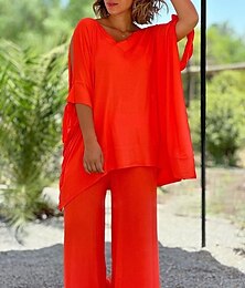 economico -Per donna Attivo Moda Blusa Set di Pantaloni Mezza Manica Scollo a V Tinta unica Taglio Ferie Casual Quotidiano Nero Blu Arancione Estate Vestibilità regolare