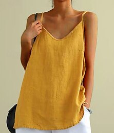 economico -Per donna Piccola Canotta a canotta Gilet di lino Tinta unica Casual Spiaggia Senza Maniche Scollo a V Top Regolari Quotidiano Abbigliamento mare Abbigliamento da vacanza Senza schiena Nero Bianco
