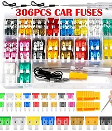 お買い得  -306個車用ブレードヒューズアソートメントキット、混合中小ヒューズ、自動バイク回路ヒューズ収納ボックスツール付き