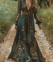 economico -Abito Boho da Donna Abito Western Abito Vintage Midi Abito Estivo Abito Slip Vacanza Casual Boho Quotidiano Festa Uscita Vestibilità Regolare Floreale Grafica Manica Lunga V Collo Verde Scuro Estate