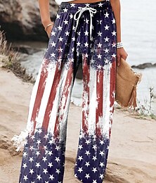 voordelige -Onafhankelijkheidsdag Dames Rood Wit En Blauw Wijd Been Chino's Baggy Broeken Vakantie Vintage Mode Volledige Lengte Hoge Taille Broeken Grafische Vlag Amerikaanse Vlag Print Micro-elastic Formele