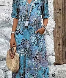 ieftine -Pentru femei Rochii Midi Rochie A line Rochie de vară Casual Zilnic Fit regulat Grafic Leopard Manșon Jumate În V Roșu-aprins Albastru piscină Mov Fucsia Vară
