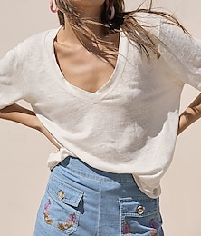 abordables -Femmes Chemise en lin Chemisier Uni Occasionnel Manche Courte Col en V Hauts Réguliers Fête Sortir Blanche Marron Été