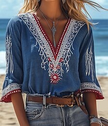 economico -Per donna Blusa Floreale Grafico Paisley Bohemien Vintage Tropicale Manica 3/4 Scollo a V Top Regolari Blu Estate Primavera