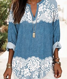 economico -Blusa da Donna 3D Stampa Floreale Grafica Vintage Stilosa Casual Manica Lunga V Collo Tops Regolari Giornalieri Festivi Vacanze Stampa Blu Denim Blu Viola Estate Primavera