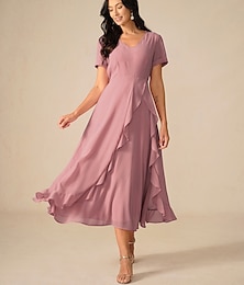 economico -Per donna Vestito maxi Abito linea A Elegante Da cerimonia Matrimonio Invitati del matrimonio Morbido Tinta unica Manica corta Asimmetrico A V Rosa cipria Estate Primavera