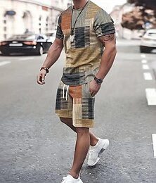 economico -Per uomo Blocco di colori 2 pezzi Set di magliette Top estivi Manica Corta Pantaloni corti Girocollo Casual Di tendenza Sport Casuale Quotidiano Stampa 3D Estate Marrone