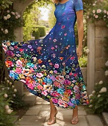 abordables -Femmes Robe maxi Robe Décontractée Robe trapèze Robe d'été Élégant Vacances Occasionnel Coupe régulière A Ombre Fleuri Graphique Manche Courte Col carré Bleu Violet Vert Été