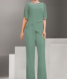 abordables -Robe-pantalon pour mère de la mariée élégante simple col carré longueur sol polyester manches courtes avec couleur unie