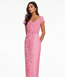 abordables -Robe de soirée élégante en jacquard floral rose, longueur cheville, manches courtes, col en V, nylon, avec poche fendue à imprimé floral, 2025