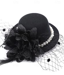 economico -Piccolo cappello da festa del tè - elegante cappello Kentucky con velo nero e clip, stile anni '20 e '50, stile Victoria, con piume, stile derby, da donna, con fiore e piuma, per donne, damigelle e