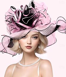 voordelige -2025 Derby hoed voor dames, brede rand, organza veer fascinator voor Derby theekransje, kerkelijk huwelijk