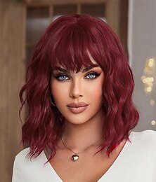 cheap -Red Wig with Bangs Short Wavy Wigs for Women Wine Red Curly Shoulder Length Bob Wig Synthetic fiber Wigs for Daily Party Use