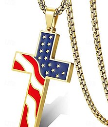 economico -Collana con ciondolo a croce con bandiera americana da uomo – tonalità oro e argento con design della bandiera degli Stati Uniti, elegante e alla moda per un abbigliamento casual e di tendenza.