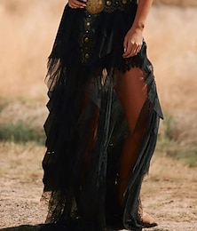 abordables -Femmes Jupe Occasionnel Maxi Taille Basse Jupes Couleur Unie A Volants Micro-Élastique Vacances Rue Noir Été Polyester