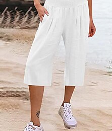 economico -Pantaloni da donna in cotone lino pantaloni larghi pantaloni capri chinos moda basic vita alta lunghezza al polpaccio semplici tasche vita elastica comfort outdoor micro-elastico vacanza strada