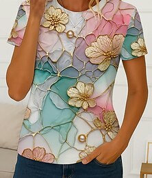 abordables -Mujer Camiseta Floral Graphic Plantas Casual Manga Corta Escote Redondo Tops regulares Diario Estampado Verde Claro Verano Primavera