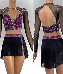 abordables -Robe de patinage artistique Femmes Fille Patinage Robe Pourpre foncé Dos Nu Ourlet asymétrique Maille Haute Élasticité Entraînement Compétition Tenue de Patinage Classique cristal pailleté manche