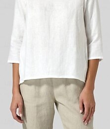 economico -Per donna Blusa Camicie di cotone e lino Semplice Essenziale Casual Manica 3/4 Girocollo Top Regolari Quotidiano Ferie Uscire Nero Bianco Rosa Verde militare Grigio Estate