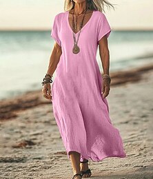 economico -Vestito midi da donna abito da sole vestito estivo casual quotidiano da vacanza spiaggia vestibilità regolare in lino simile semplice a manica corta scollo a V bianco rosa blu verde estate