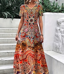 ieftine -Pentru femei Rochie Maxi Rochii Tricou Rochie de Vară Rochie de vară Vacanță Boho Concediu Fit regulat Grafic Tribal Abstract Manșon scurt Stil Nautic Galben Albastru piscină Mov Portocaliu Var