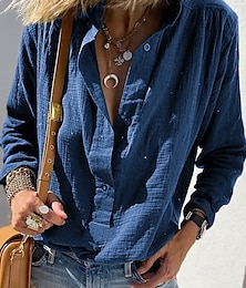 baratos -Mulheres Camisa Social Blusa Tecido Casual Manga Longa Colarinho de Camisa Tops regulares Diário Franzido Botões Preto Vinho Azul Verde Cáqui Verão Primavera Outono