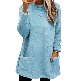 abordables -Sudadera de mujer casual sherpa lisa para uso diario cuello redondo bolsillo manga larga rosa azul verde gris otoño invierno