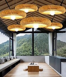 baratos -Lustre de bambu retrô de vime 40cm e26/e27, iluminação de teto aplicável para sala de estar, quarto, restaurante, café, bar, restaurante, clube 110-240