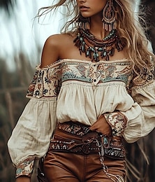olcso -Női Western blúz Boho ing Blúz Virág Modern Boho Hosszú ujj Aszimmetrikus Normál felsők Napi Alkalmi Nyomtatott Sárgabarack Nyár