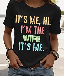 abordables -Mujer Camiseta Graphic Letra Elegante Casual Manga Corta Cuello Barco Escote Redondo Tops regulares Diario Fin de semana Estampado Negro Verano Primavera Teasing husband