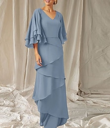 voordelige -Tweedelig A-lijn Moeder van de bruid jurk Bruiloft gast Elegant Wrap inbegrepen V-hals Tot de grond Chiffon Halve mouw Wrap inbegrepen met Geplooid 2025