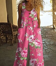 abordables -Pantalon en coton et lin pour femme, salopette décontractée sans manches, col en U, pour sortir le week-end, coupe ample, rose, bleu poussiéreux, violet, été