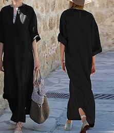 abordables -Femmes Robe Longue Maxi Robe Robe en coton et lin Classique Quotidien Fête Sortir Coupe régulière Uni manche longue Col en V Noir Blanche Vin Gris foncé Été