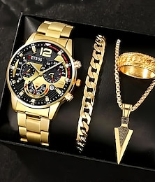 abordables -Reloj de Lujo y Moda para Hombre de 4 Piezas y Collar de Flecha Pulsera y Anillo Perfecto para el Negocio y el Ocio