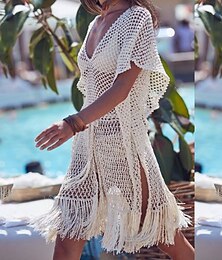 abordables -Maillots de Bain Femme Couverture Robe de Bain Maillot Franges Vacances Plage Tenue Couleur Unie Col en V Manches Courtes Maillots de Bain