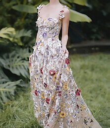 abordables -Ligne A Robes de Quinceanera Élégant Robe Formel Mariage Longueur au sol Sans manches Bretelles spaghetti Polyester Dos nu avec Imprimé floral 2025
