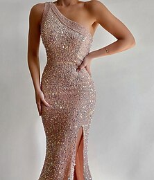 ieftine -Rochii de quinceanera în stil sirenă  trompetă elegantă rochie de nuntă lungime până la podea fără mâneci o umăr din poliester spate gol cu slit din paiete