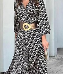 abordables -Femmes Robe maxi Robe fourreau Robe moulante Occasionnel Robes semi-formelles Bureau Coupe régulière Graphique Géométrique manche longue Col de chemise Noir Été Printemps