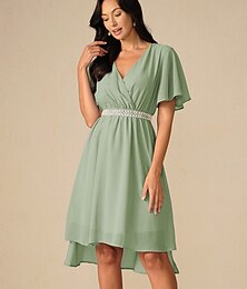 voordelige -Dames Knielengte jurk Bruidsmeisjesjurk A lijn jurk Elegant Volant mouw Bruiloft gast Cocktailparty Normale pasvorm Effen Korte mouw V-hals Blozend Roze blauw Groen Zomer