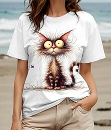 abordables -Mujer Camiseta Graphic Animal Gato Vintage Elegante Clásico Manga Corta Cuello Barco Escote Redondo Tops regulares Diario Fin de semana Estampado Blanco Verano Primavera