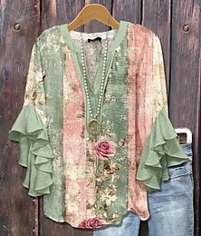 abordables -Blusa para mujeres con mangas de volantes en capas estampado floral gráfico paisley estilo diario casual de longitud 3/4 escote en V tops regulares prendas para uso diario vacaciones estampado en