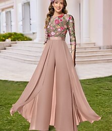 economico -Tute floreali rosa Ricamato Formale Colonna madre della sposa Matrimonio Elegante Collo illusione Lunghezza totale Chiffon Maniche lunghe 3/4 con colore solido Abito da corsa