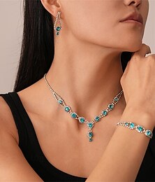 economico -Set di gioielli in tre pezzi costume blu in zirconia cubica 1 collana 1 bracciale orecchini moda vintage elegante stile classico geometrico per eventi speciali e feste di matrimonio