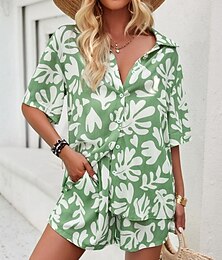abordables -Ensembles de mode pour femmes 2 pièces Streetwear Quotidien Shorts T-shirt Manches Courtes Col Floral Graphique Feuilles Cordon Imprimé Vacances Décontracté Quotidien Noir Fuchsia Vert Été Coupe