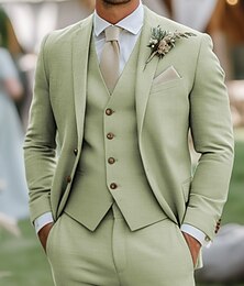 economico -Uomo Matrimonio Completi in Lino Azzurro cielo Verde salvia Moda Formale Tinta unita Vestibilità standard 3 pezzi Monopetto Due Bottoni