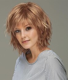 economico -Parrucca corta castano chiaro da donna con frangia, parrucca naturale a strati con capelli soffici per l'uso quotidiano alle feste