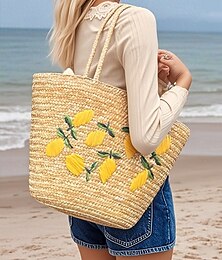 economico -Borsa tote da donna in paglia ricamata con margherite - borsa tote da spiaggia estiva con motivo floreale, albero di cocco, limone, stile casual bohémien, adatta per le vacanze e l'uso quotidiano