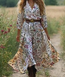 ieftine -Rochie Boho pentru femei Rochie western Rochie vintage maxi Rochie de vară Rochie plisată Vacanță Casual Boho Iesiri Plajă Grafic Paisley Tribal Mâneca 3/4 Decolteu în V Neagră Roz Albastră